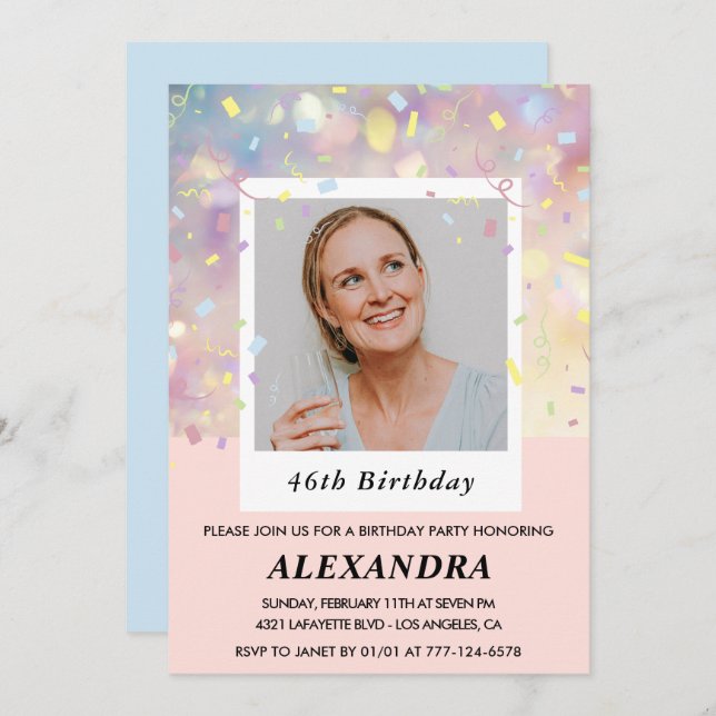 Pink Confetti Photo 46th birthday invitations  (Front/Back)