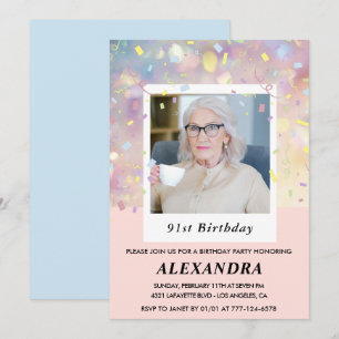 Pink Confetti Photo 91st birthday Invitation