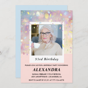 Pink Confetti Photo 93rd birthday Invitation