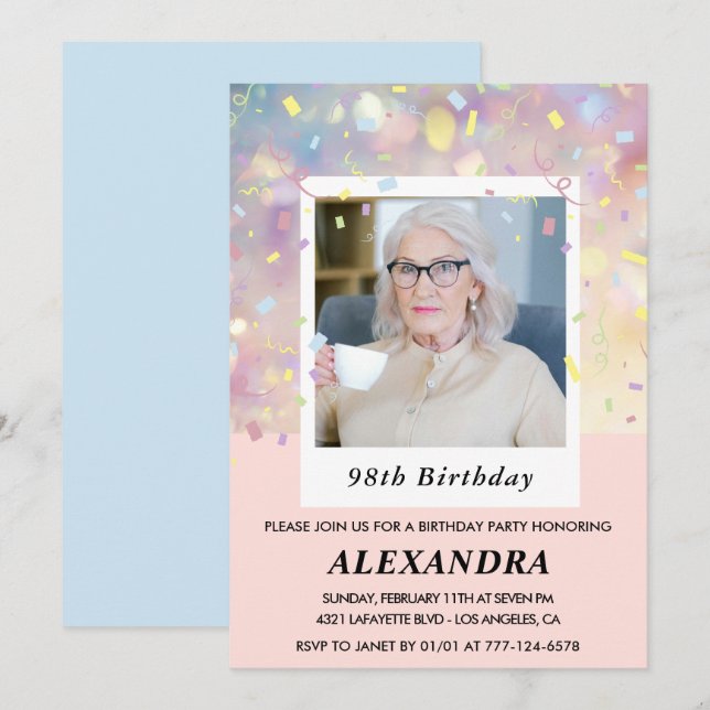 Pink Confetti Photo 98th birthday Invitation (Front/Back)
