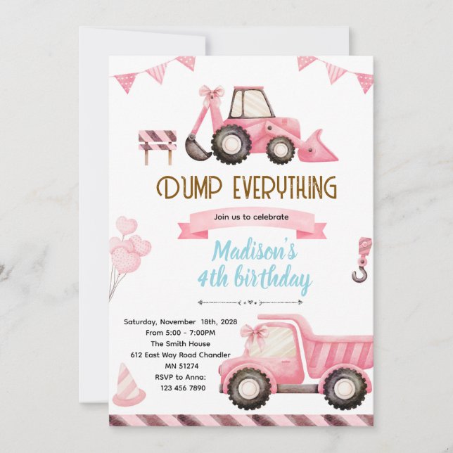 Pink Construction Birthday Invitation (Front)