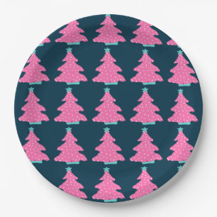 Pink Contemporary Christmas Trees on Navy Blue  Paper Plate
