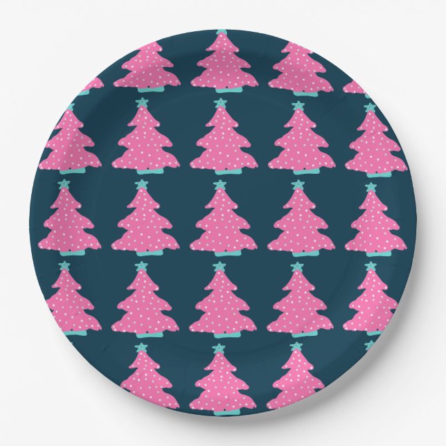 Pink Contemporary Christmas Trees on Navy Blue  Paper Plate (Front)