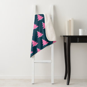 Pink Contemporary Christmas Trees on Navy Blue Sherpa Blanket