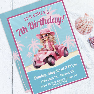 Pink Convertible Beach Birthday Invitation
