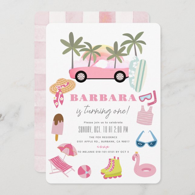 Pink Convertible Palm Tree Girl 1st Birthday Invitation (Front/Back)