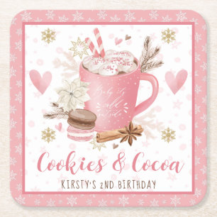 Pink Cookies and Cocoa 2nd Birthday Square Paper Coaster
