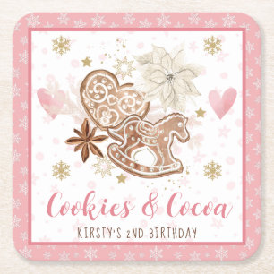 Pink Cookies and Cocoa 2nd Birthday Square Paper Coaster