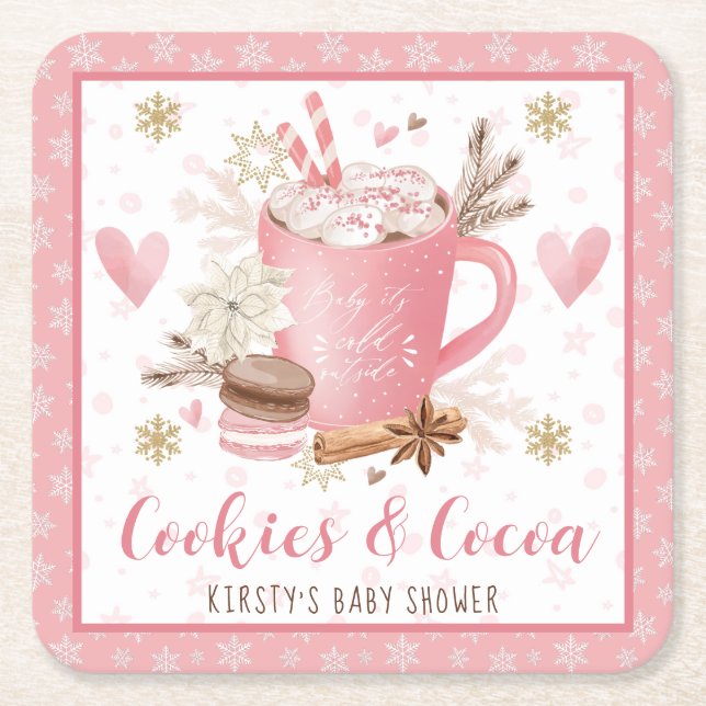 Pink Cookies and Cocoa Baby Shower Square Paper Coaster (Front)