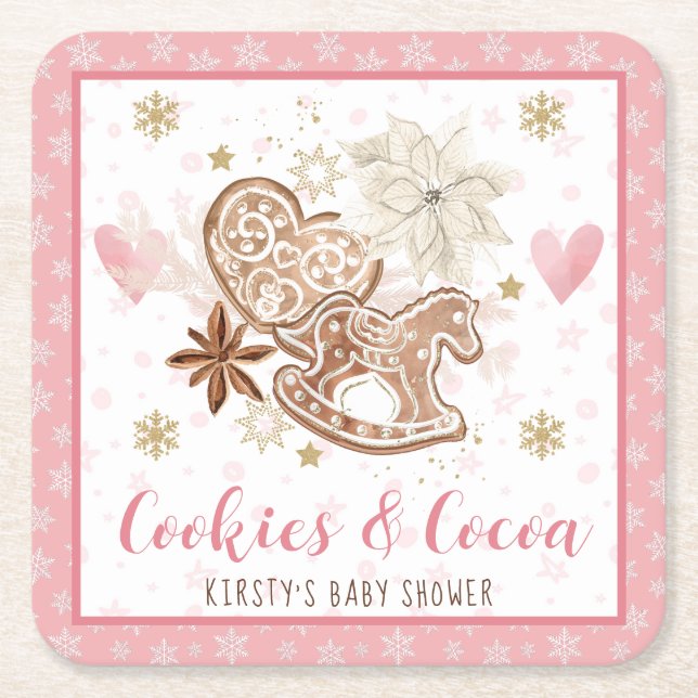 Pink Cookies and Cocoa Baby Shower Square Paper Coaster (Front)