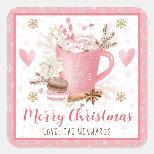 Pink Cookies & Cocoa Merry Christmas Square Sticker (Front)
