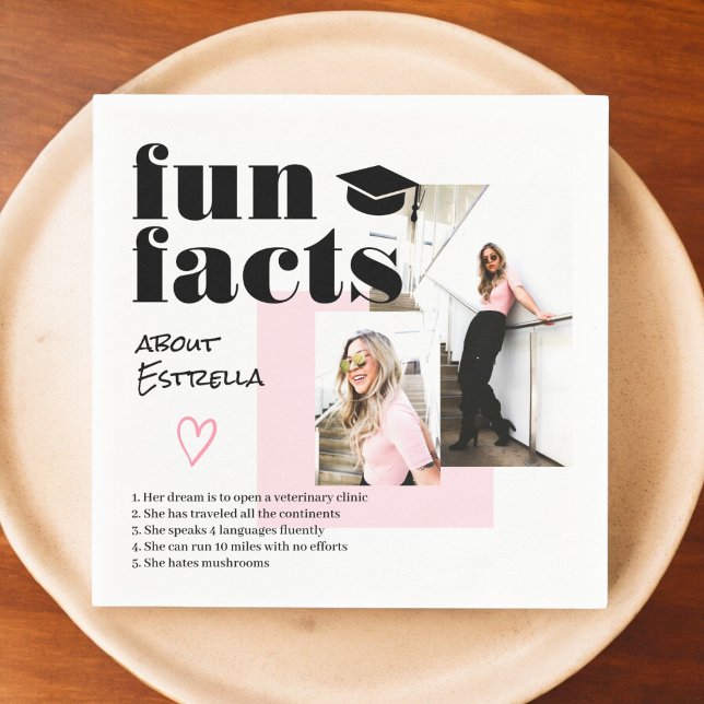 Pink cool graduate fun facts graduation 2 photos napkin (Pink cool graduate fun facts graduation 2 photos napkins)