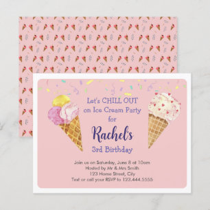 Pink Cool Ice Cream Kids Birthday Party Invitation Postcard
