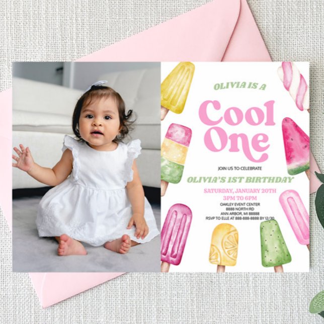 Pink Cool One Popsicle Picture 1st Birthday Party Invitation (Creator Uploaded)