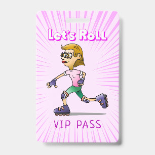 Pink Cool Roller Skating Girl ID Badge