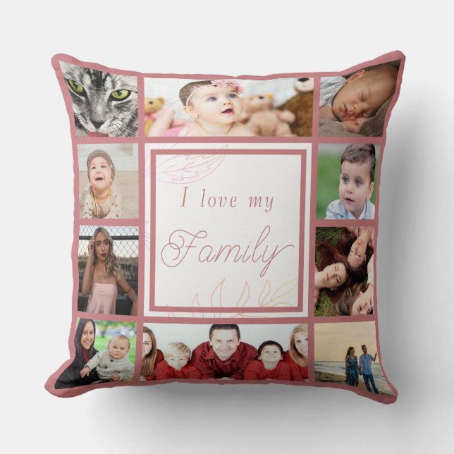 Pink Cool & Trendy I Love My Family Photo Collage Cushion (Front)