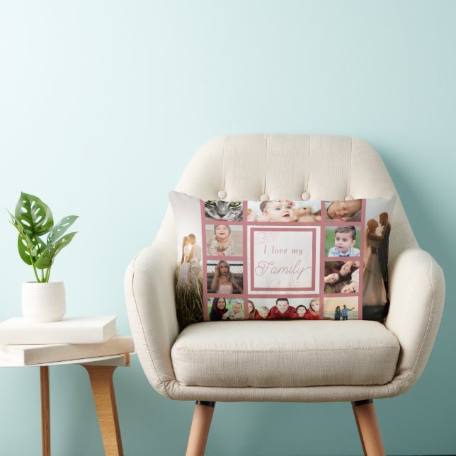 Pink Cool & Trendy I Love My Family Photo Collage Lumbar Cushion (Chair)