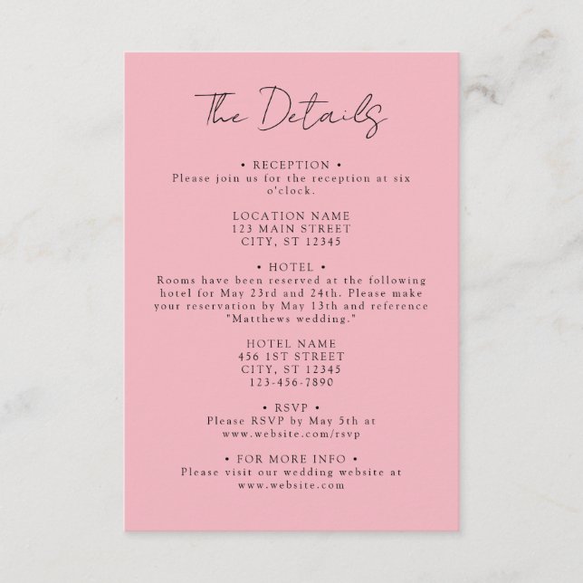 Pink Coordinate Wedding Details Enclosure Card (Front)