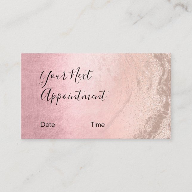 Pink & copper rose gold glitter makeup artist appointment card (Front)