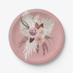 Pink Copper Tropical Pampas Grass Seaside Wedding Paper Plate
