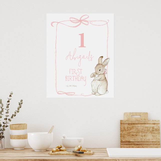 Pink Coquett Peter the Rabbit 1st Birthday Welcome Poster (Kitchen)