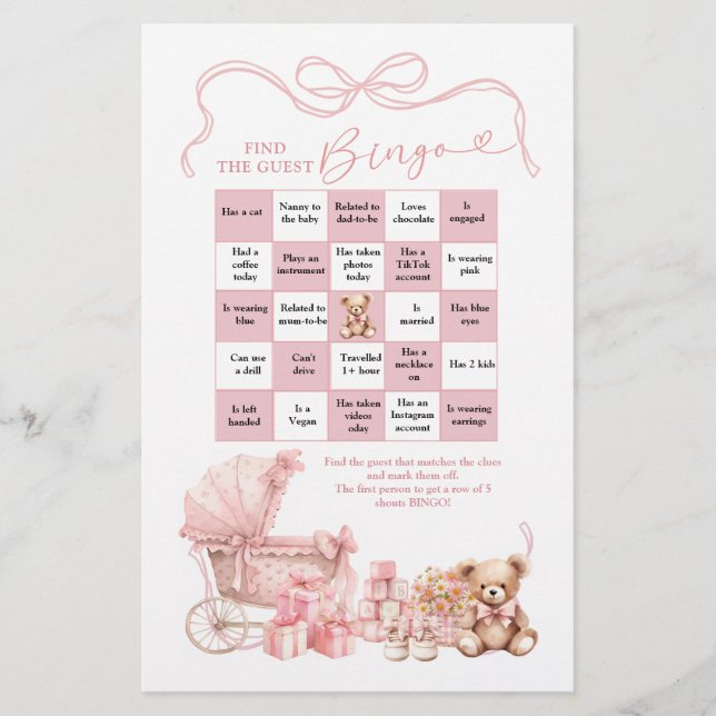 Pink Coquette Baby Carriage Find The Guest Bingo (Front)