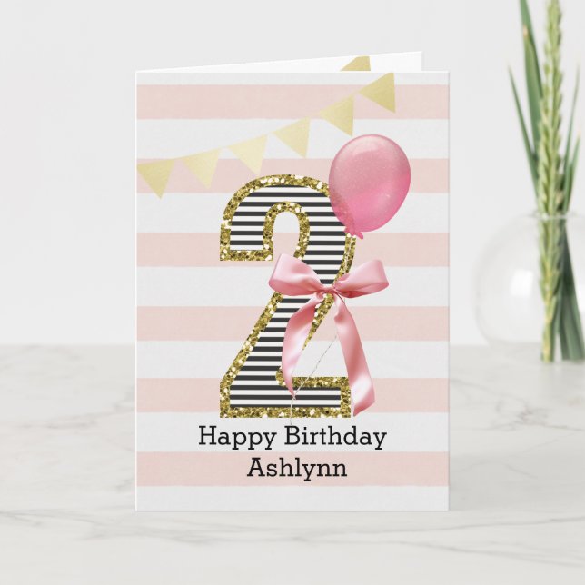 Pink Coquette Boq and Gold 2nd Birthday Girl Card (Front)