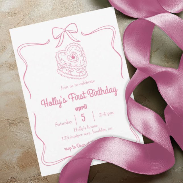 Pink Coquette Bow 1st Birthday Blush Pink Bow Invitation (Creator Uploaded)