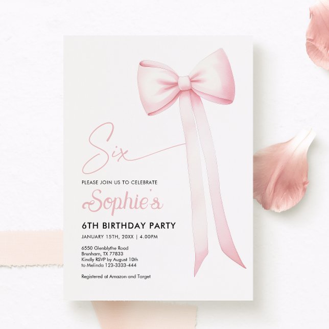 Pink Coquette Bow 6th Birthday Invitation (Creator Uploaded)