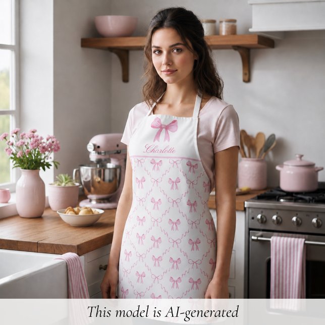 Pink Coquette Bow Apron (sweet pretty cute coquette pink bow apron, custom name in script calligraphy, personalized gifts)