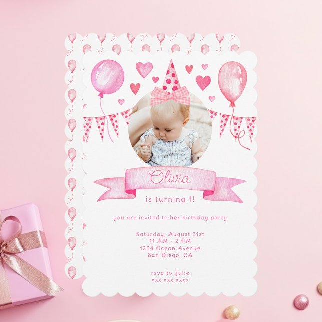 Pink Coquette Bow Baby Girl Moveable Birthday Hat Invitation (scalloped baby birthday invitation card with movable hat and preppy pink coquette bow illustrations)