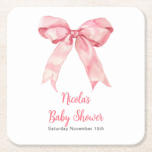 Pink Coquette Bow Baby Shower Square Paper Coaster