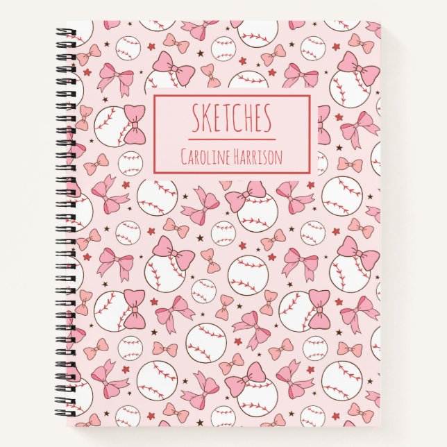 Pink Coquette Bow Baseball Personalised Sketchbook Notebook (Front)