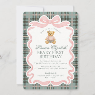Pink Coquette Bow Bear Beary First Birthday Invitation