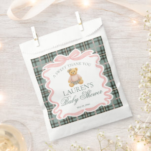 Pink Coquette Bow Bear Plaid Baby Shower Dessert Favour Bag