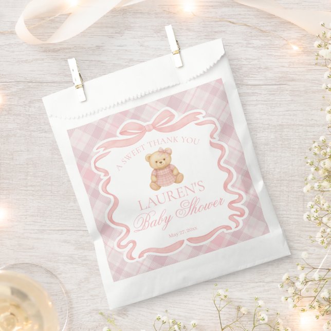 Pink Coquette Bow Bear Plaid Baby Shower Dessert Favour Bag (Clipped)