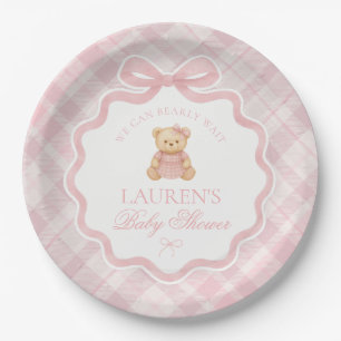 Pink Coquette Bow Bear Plaid Baby Shower  Paper Plate