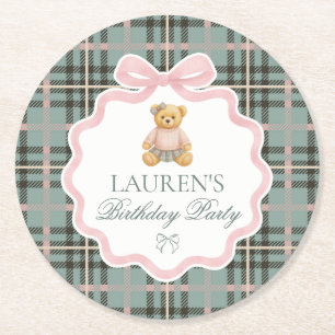 Pink Coquette Bow Bear Plaid Birthday Round Paper Coaster