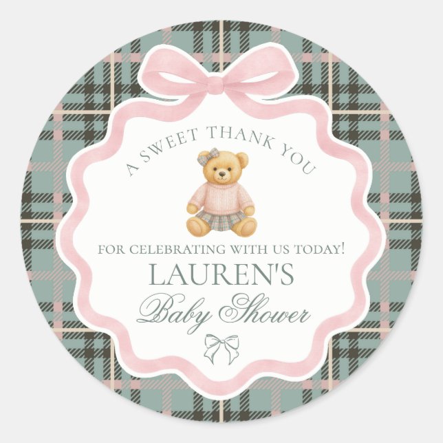 Pink Coquette Bow Bear Tartan Baby Shower Favor Classic Round Sticker (Front)