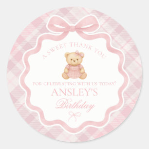 Pink Coquette Bow Bear Tartan Birthday Favor Classic Round Sticker