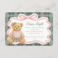 Pink Coquette Bow Bear Tartan Diaper Raffle Card