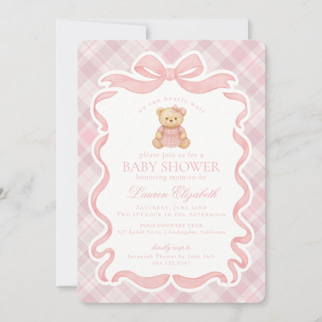 Pink Coquette Bow Bear Tartan Plaid Baby Shower Invitation (Front)