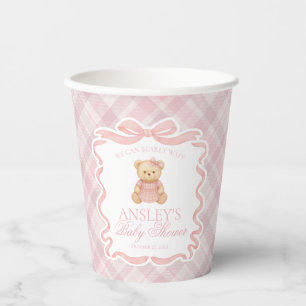 Pink Coquette Bow Bear Tartan Plaid Baby Shower Paper Cups