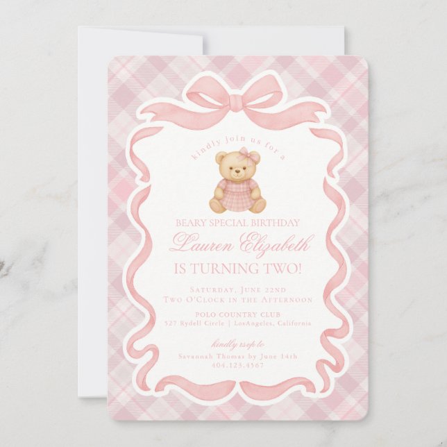 Pink Coquette Bow Bear Tartan Plaid Birthday Invitation (Front)