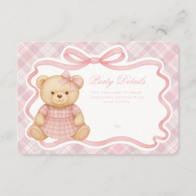 Pink Coquette Bow Bear Tartan Plaid Details Card (Front)