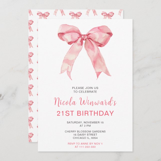 Pink Coquette Bow Birthday Party Invitation (Front/Back)
