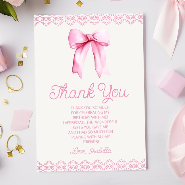 Pink Coquette Bow Birthday Party Thank You Card (Creator Uploaded)