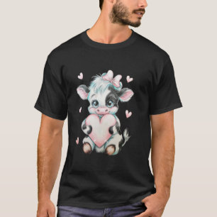 Pink Coquette Bow Black & White Cow Holding Heart T-Shirt