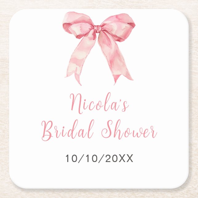 Pink Coquette Bow Bridal Shower Square Paper Coaster (Front)