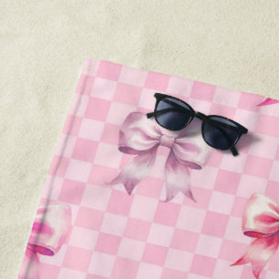 Pink Coquette Bow Chequerboard Beach Towel